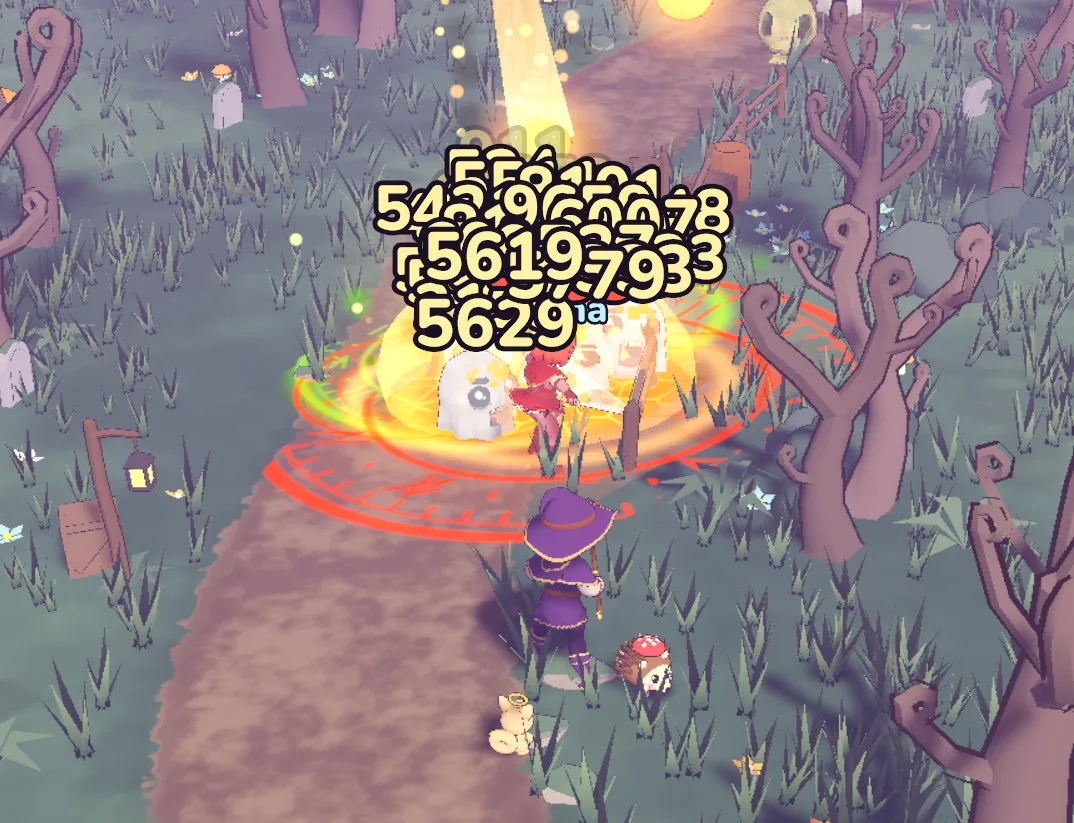 The Swordswoman and the Mage blasting a ghost in the Haunted Woods, with big damage numbers piling up