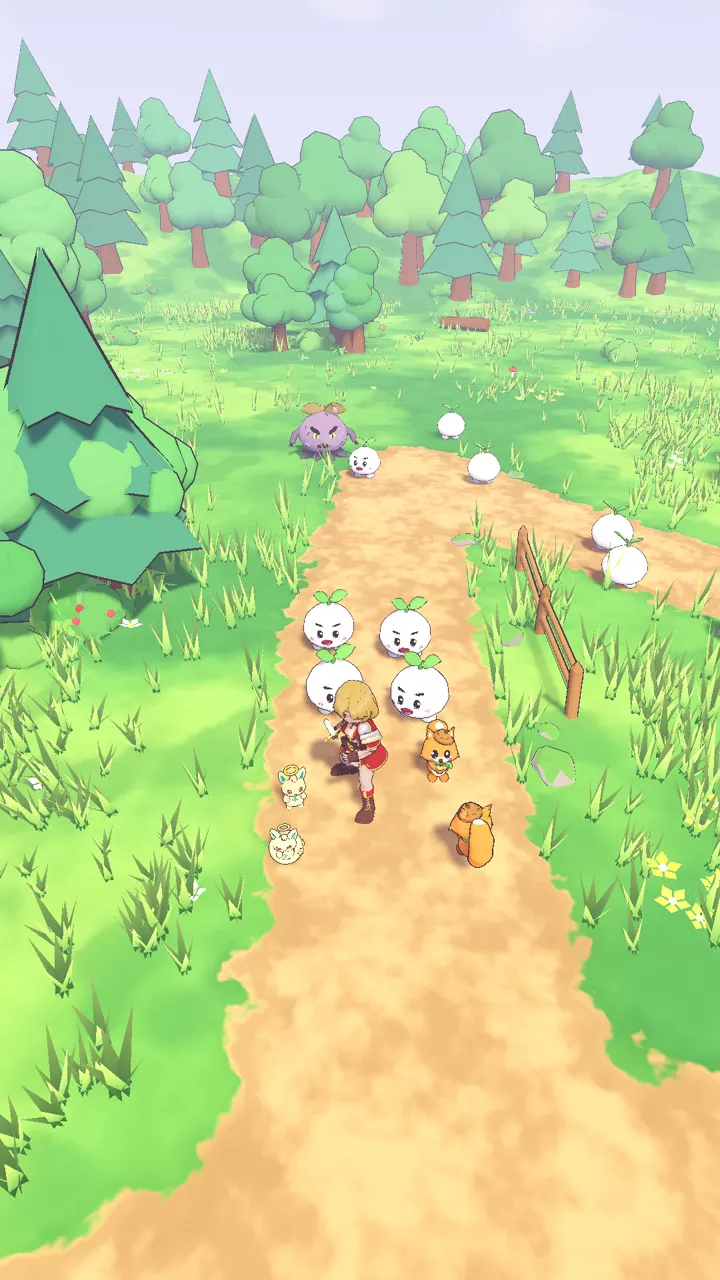 The Swordswoman on the forest trail with Lupi and her pals, facing a group of sprouts
